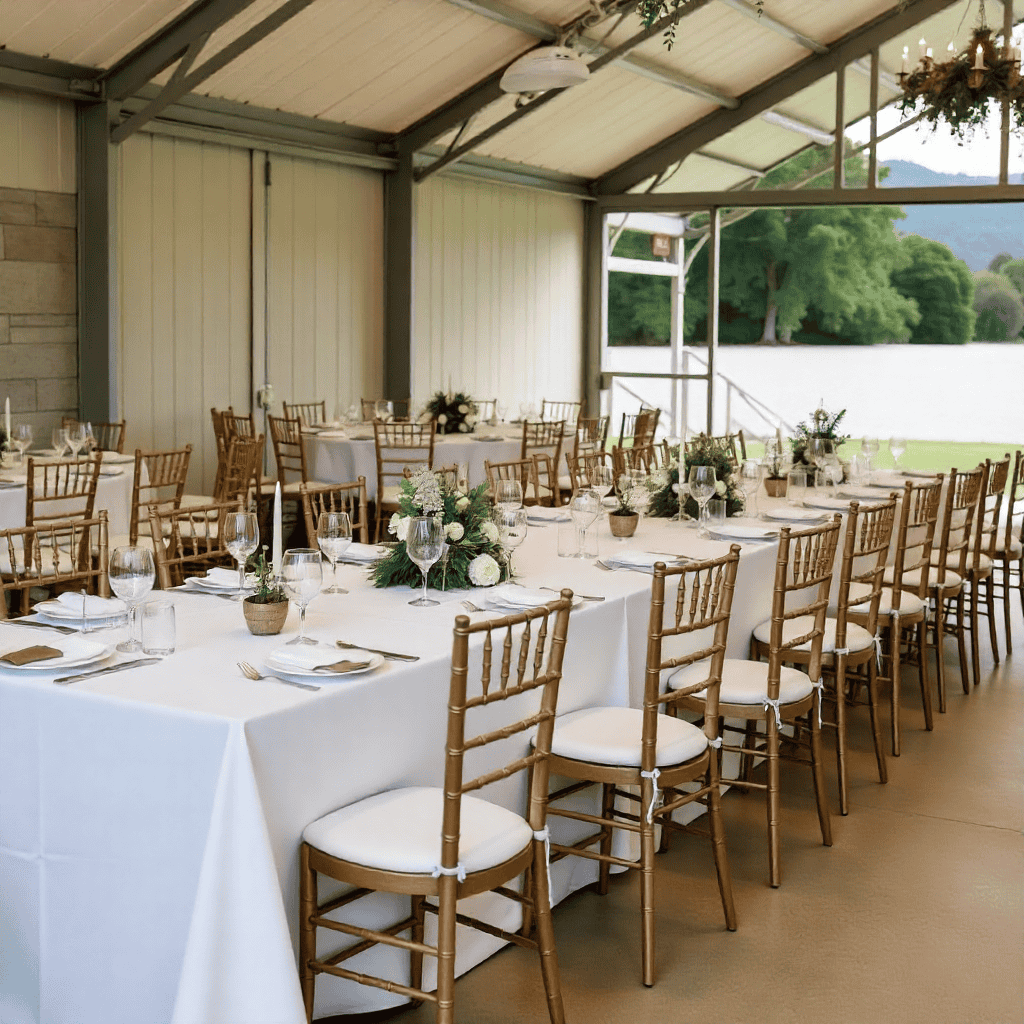 Tapahtumatiimi viimeistelee juhlatilan kalustusta